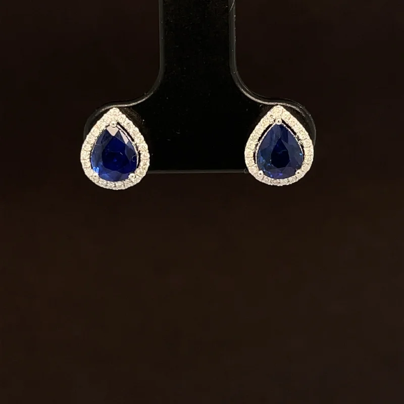 Women’s star earrings-Raindrop Sapphire & Diamond 1.56ctw Halo Stud Earrings in 18k White Gold - #390 - ERSAP093668