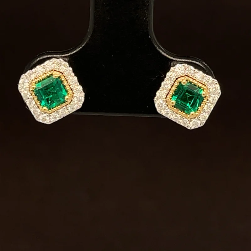 Women’s fashionable earrings-Emerald & Diamond 0.56ctw Cushion Milgrain Earrings in 18K Two-Tone Gold - #394 - EREME027754