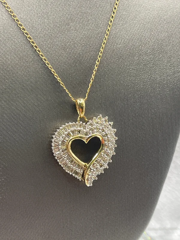 Women’s artistic necklace-Ladies 14 Karat Yellow Gold Round & Baguette Diamond Heart Pendant