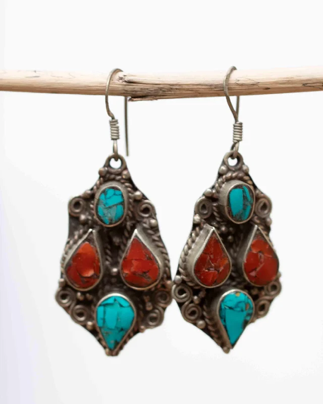 Women’s fine gold earrings-Bianca Turquoise Tibetan Earrings ~German Silver ~ SME010