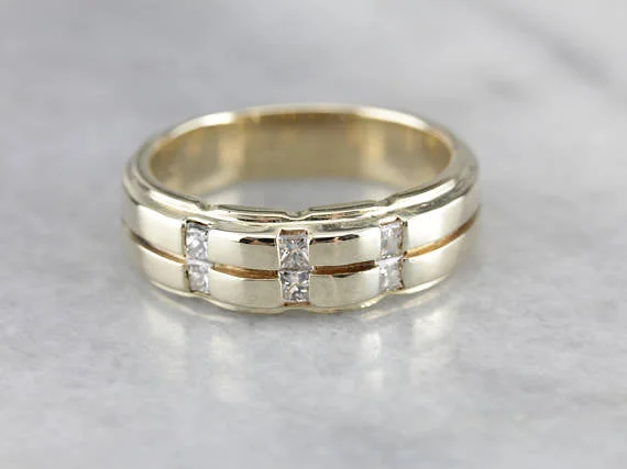 Women’s gemstone engagement ring-Men's Heavy Diamond Polished Gold Band