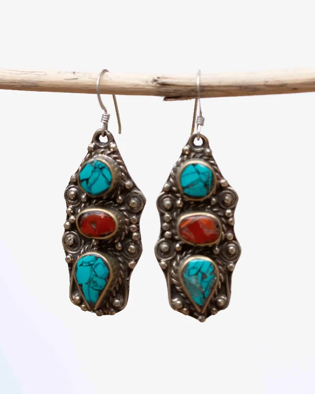 Women’s geometric stud earrings-Dallas Turquoise Tibetan Earrings ~German Silver ~ SME024