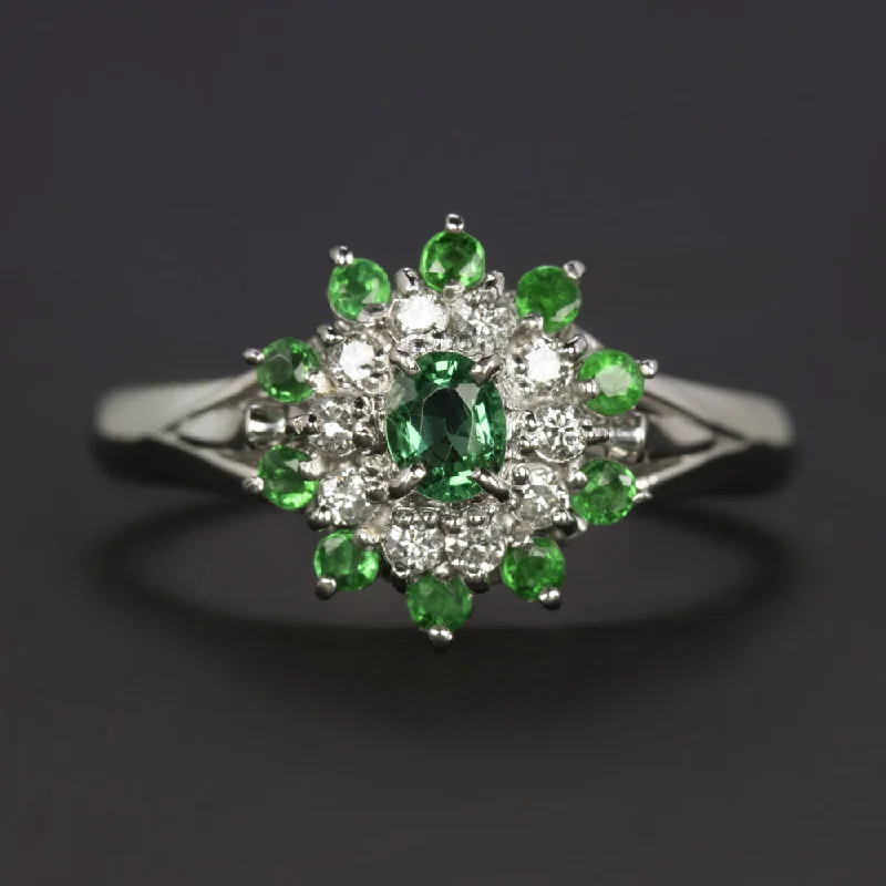 Women’s gold engagement ring-EMERALD DIAMOND COCKTAIL RING PLATINUM BALLERINA CLUSTER NATURAL HALO 0.52ct