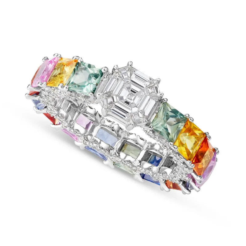 Women’s bold engagement ring-18K White Gold 1.25ct Princess Cut Rainbow Sapphire and Diamond Eternity Ring