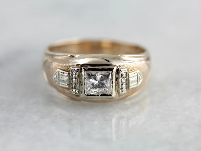 Women’s custom gemstone engagement ring-Art Deco to Mid Century Band with Square Cut Diamond