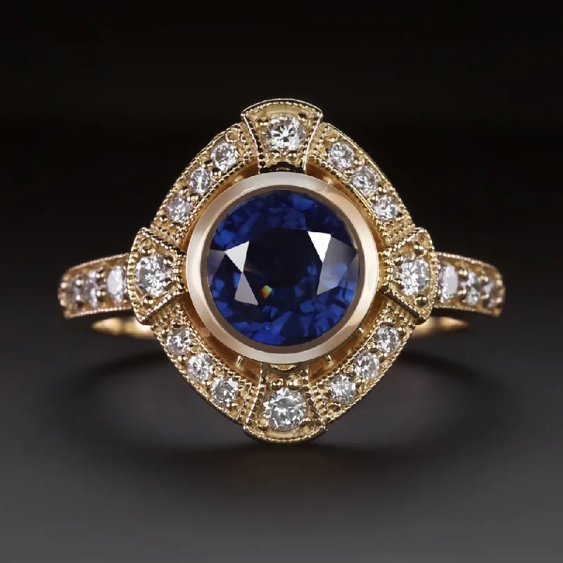 Women’s oval engagement ring-SAPPHIRE DIAMOND COCKTAIL RING VINTAGE STYLE HALO ART DECO 14k YELLOW GOLD ROUND