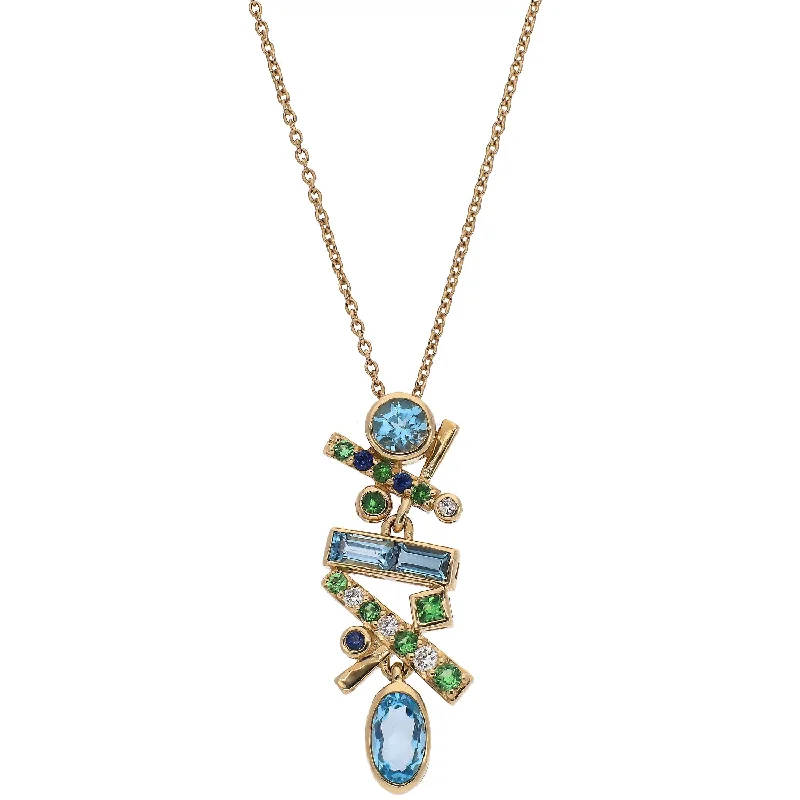 Women’s casual necklace-Martha Seely 14K Yellow Gold Falling Stars Pendant with Diamonds, Blue Topaz, Sapphires, and Tsavorite Garnets