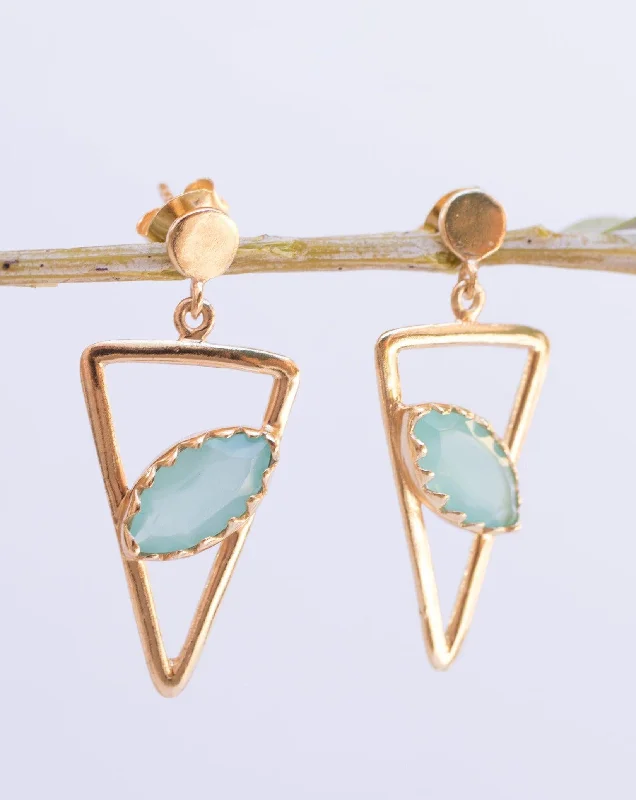 Women’s geometric stud earrings-Aqua Chalcedony, Ruby, Blue Chalcedony, Rose quartz Triangle Gold Vermeil Earrings ~