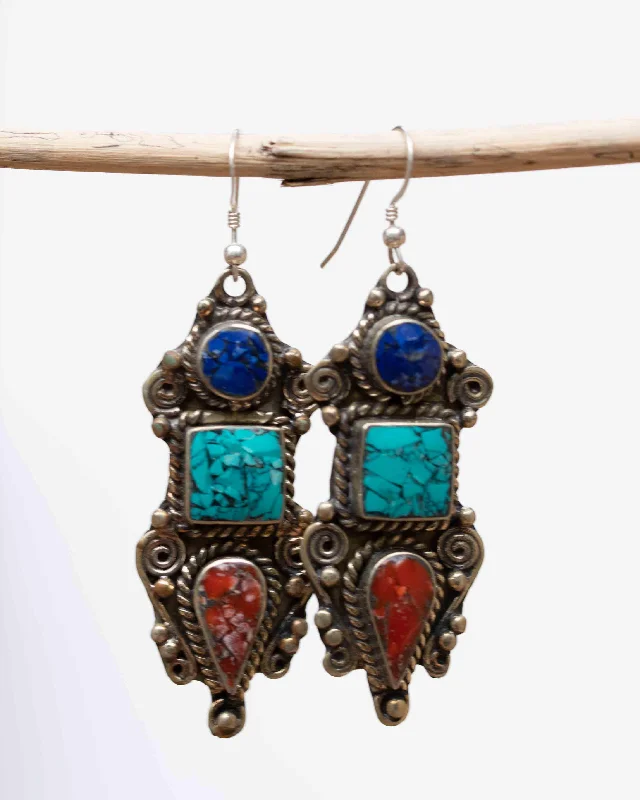 Women’s dazzling earrings-Fernanda Turquoise Tibetan Earrings ~German Silver ~ SME011