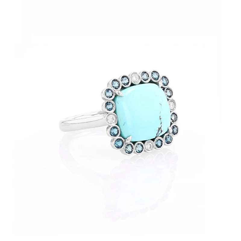 Women’s custom gemstone engagement ring-Turquoise Ring with Blue Topaz & Diamond Halo  R0395-8