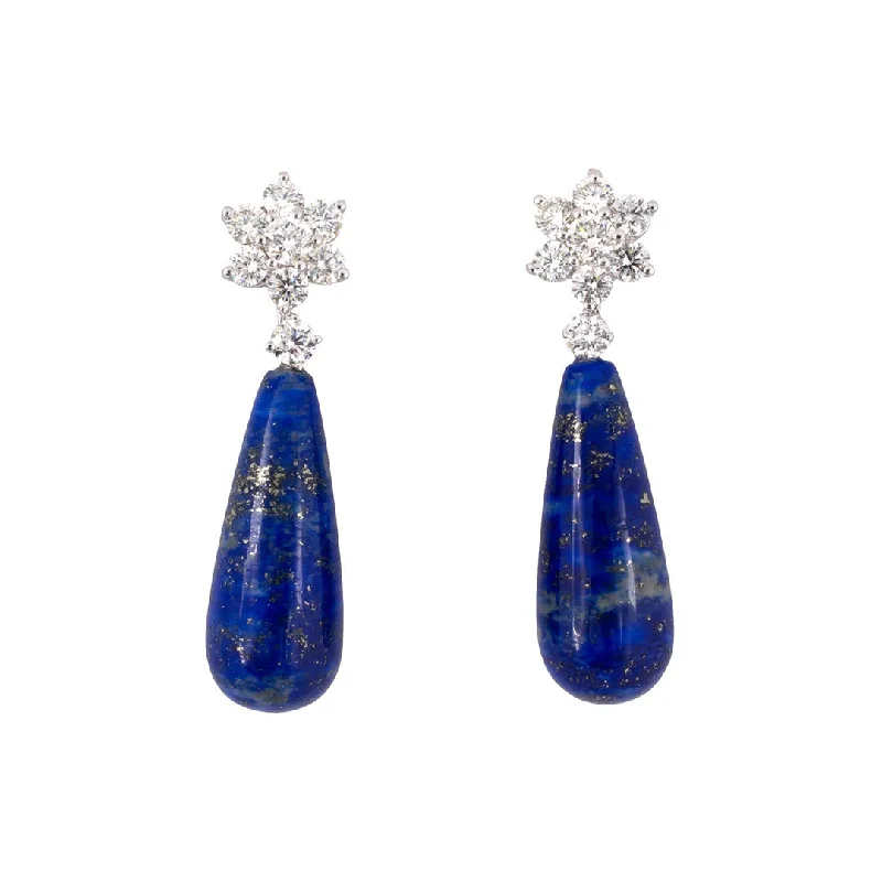 Women’s gold stud earrings-Diamond Cluster & Lapis Teardrop Dangle Earrings