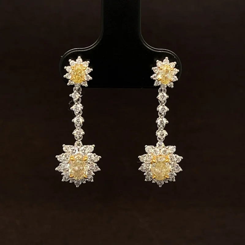 Women’s custom earrings-Fancy Yellow & White Diamond Double Flower Linear Earrings in 18k Two-Tone Gold - #499 - ERDIA353600