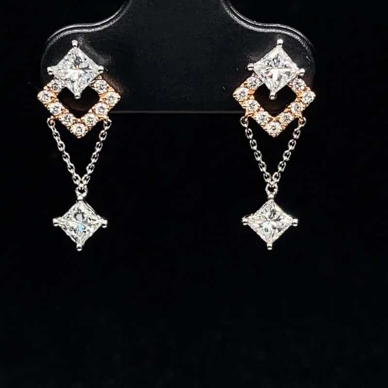 Women’s floral earrings-Diamond Solitaire Chain Dangle Square Earrings in 18k White Gold - (#80-ERDIA346346)