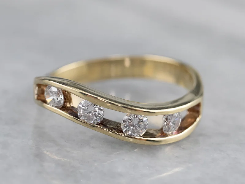 Women’s gold diamond engagement ring-Curved Channel Set Diamond Gold Band