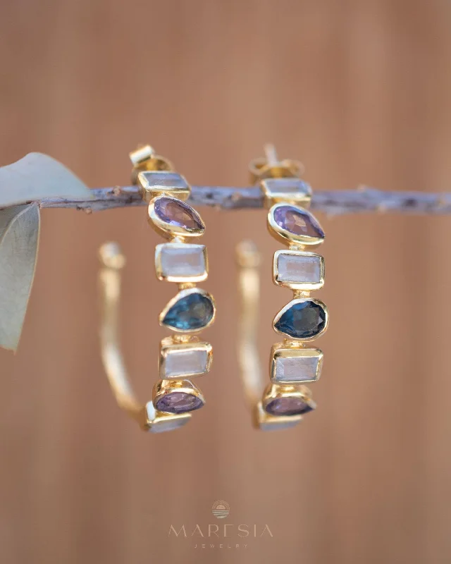 Women’s statement stud earrings-Mary Earrings ~ Moonstone, Amethyst and Iolite hydro ~ 18k Gold Plated Earrings ~ ME008