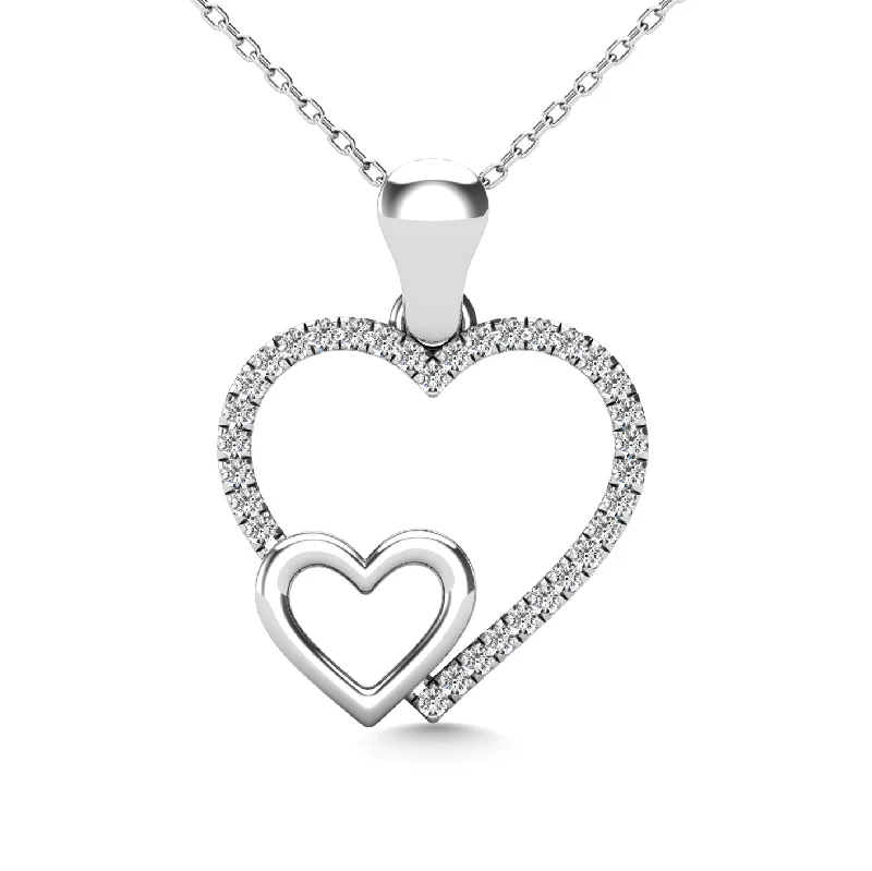 Women’s cubic zirconia necklace-10K White Gold 1/20 Ctw Diamond Double Heart Pendant