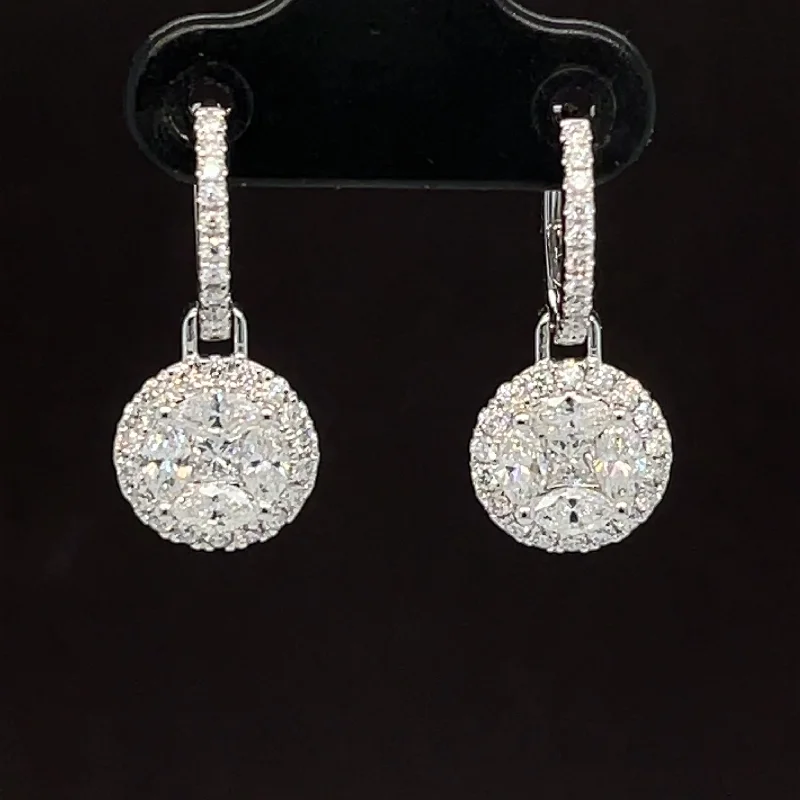 Women’s floral earrings-Diamond Medallion Drop Hoop Earrings in 18k White Gold - #600 - ERDIA357776