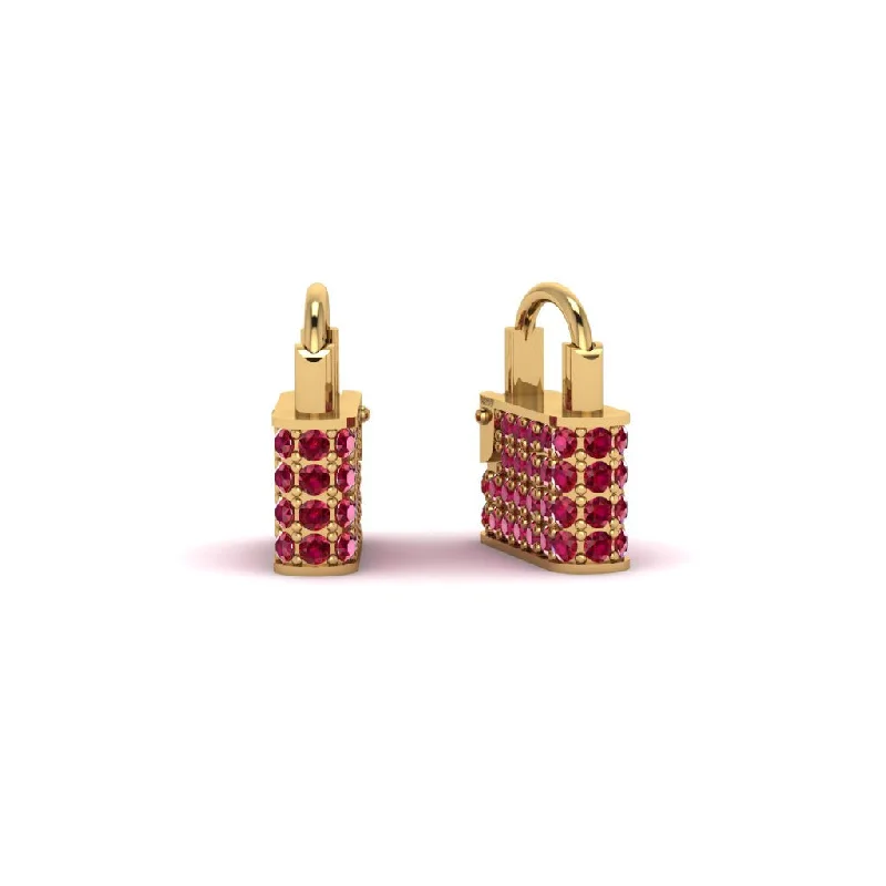 Women’s sparkling hoop earrings-Gold Padlock Hoop Ruby Earrings - Queenie No. 10