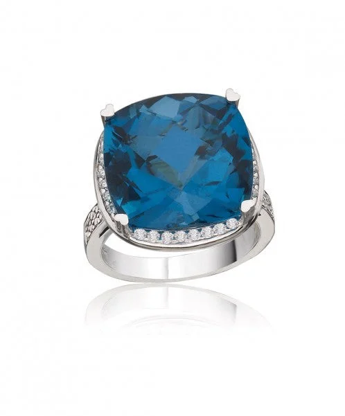 Women’s eternity diamond engagement ring-Blue Topaz Cushion Ring with Diamonds 348-JSA