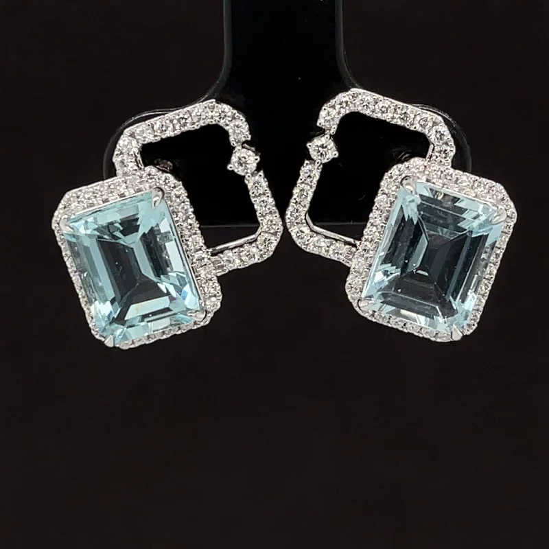 Women’s fashion drop earrings-Aquamarine & Diamond 4.83ctw Emerald Cut Double Halo Earrings in 18k White Gold - #283 - ERAQU006162