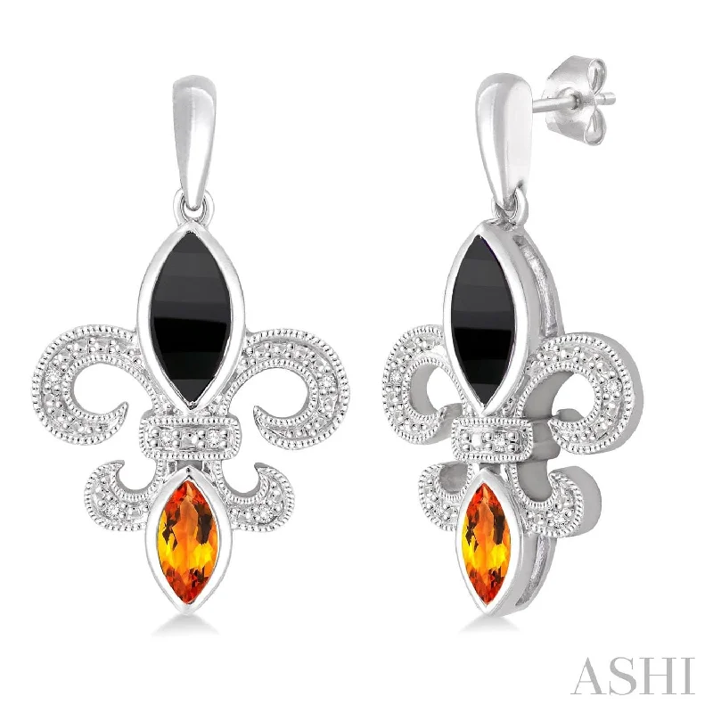 Women’s crystal earrings-Silver Fleur De Lis Onyx, Citrine & Diamond, New Orleans Saints Earrings