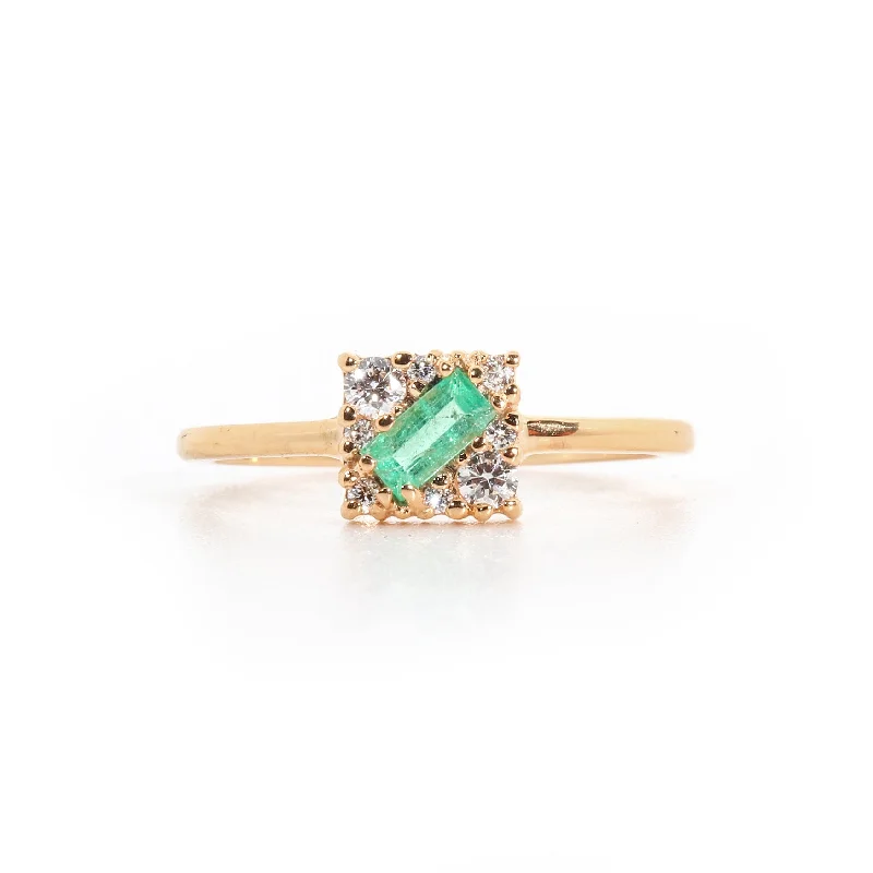 Women’s luxury diamond engagement ring-Square Cluster Ring with Emerald Baguette (0.26 ct) and Diamonds, Solid 14k Gold | ONE-OF-A-KIND