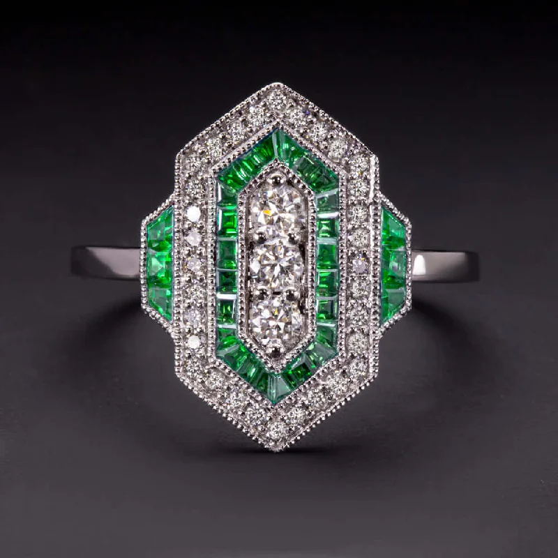 Women’s classic diamond engagement ring-DIAMOND EMERALD VINTAGE STYLE RING ART DECO GEOMETRIC COCKTAIL ANTIQUE NATURAL