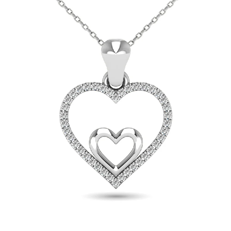 Women’s fashion statement necklace-10K White Gold 1/10 Ctw Diamond Double Heart Pendant