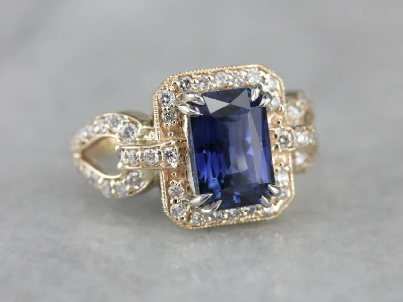 Women’s eternity engagement ring-Modern Sapphire and Diamond Cocktail Ring