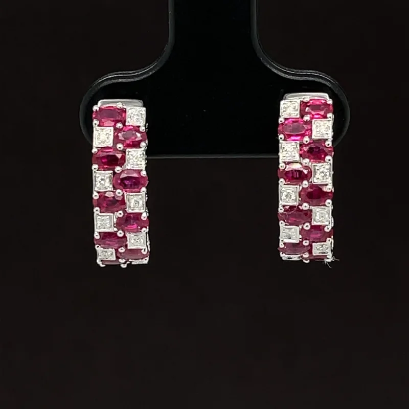 Women’s luxe earrings-Ruby & Diamond 1.59ctw Checkerboard U-Shaped Hoop Earrings in 18k White Gold - #331 - ERRUB042386