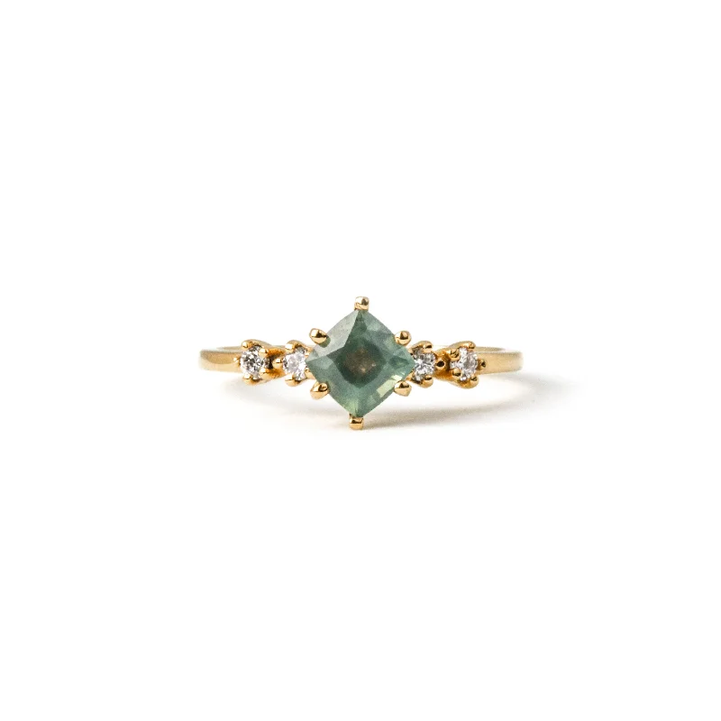 Women’s simple engagement ring-Ring with Cushion Cut Teal Sapphire (0.89 ct) and Diamonds, Solid 14k Gold | ONE-OF-A-KIND