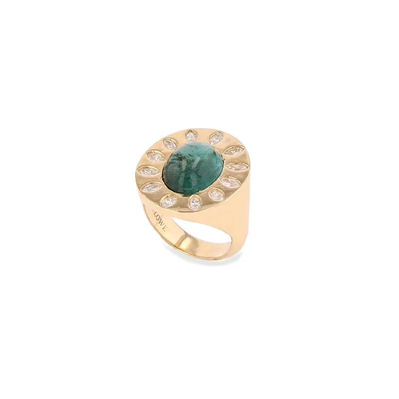 Women’s modern solitaire engagement ring-14k Teal Tourmaline Cabochon Ring with Marquis Diamond Flower  SRG058-8