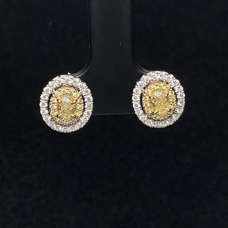 Women’s luxury hoop earrings-Fancy Yellow & White Diamond Double Halo Oval Stud Earrings in 18k Two Tone Gold - (#130-JEO155GR-02)