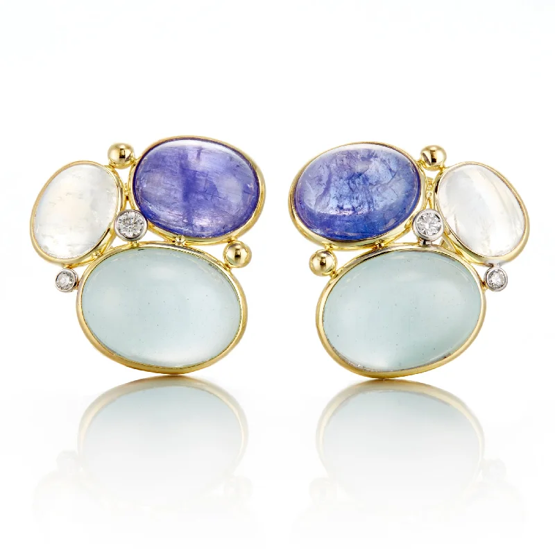 Women’s chic hoop earrings-Moonstone, Tanzanite & Aquamarine Cluster Earrings