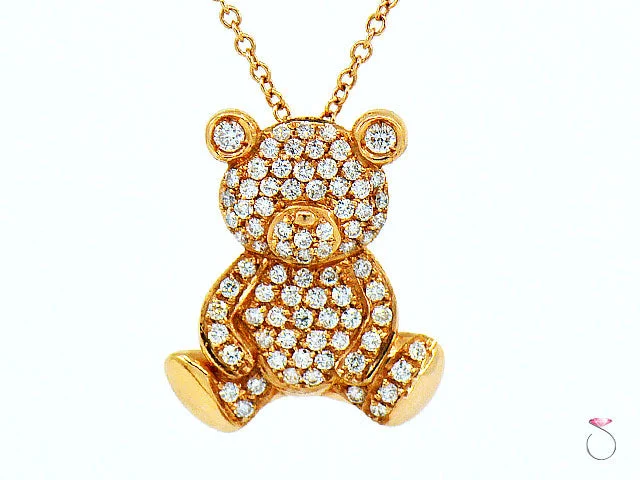 Women’s delicate gold necklace-Diamond Teddy Bear Pendant 18K Rose Gold on 16 Inch Chain By Assor Gioielli