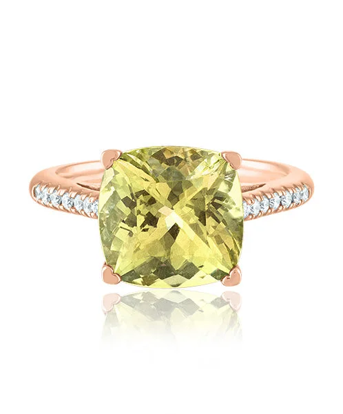 Women’s colored diamond engagement ring-Lemon Quartz Cushion Ring with Diamonds 310-JSA