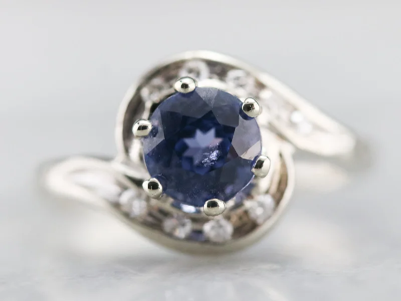 Women’s affordable engagement ring-Ceylon Sapphire and Diamond Bypass Ring