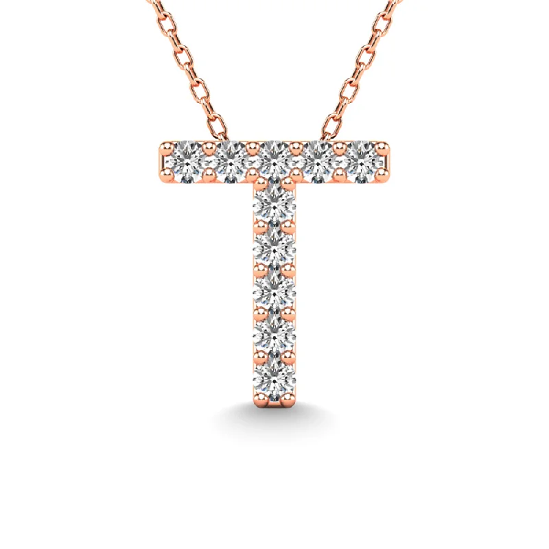 Women’s modern necklace-Diamond 1/10 Ct.Tw. Letter T Pendant in 14K Rose Gold""