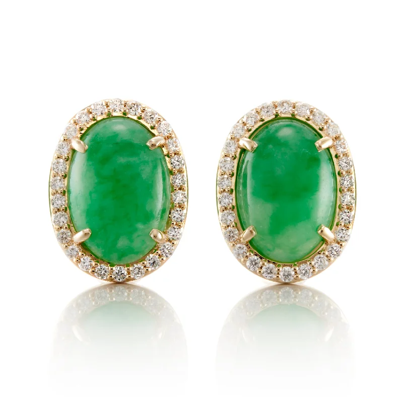 Women’s sparkling stud earrings-Green Jade Cabochon & Diamond Earrings