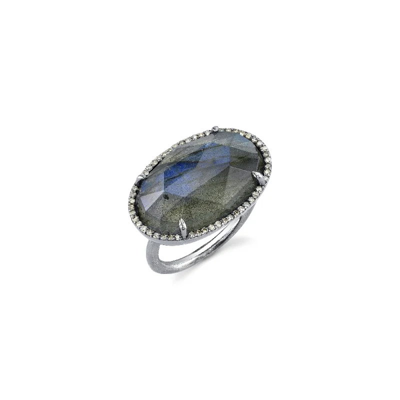 Women’s detailed engagement ring-Labradorite Diamond Halo East West Ring R0019