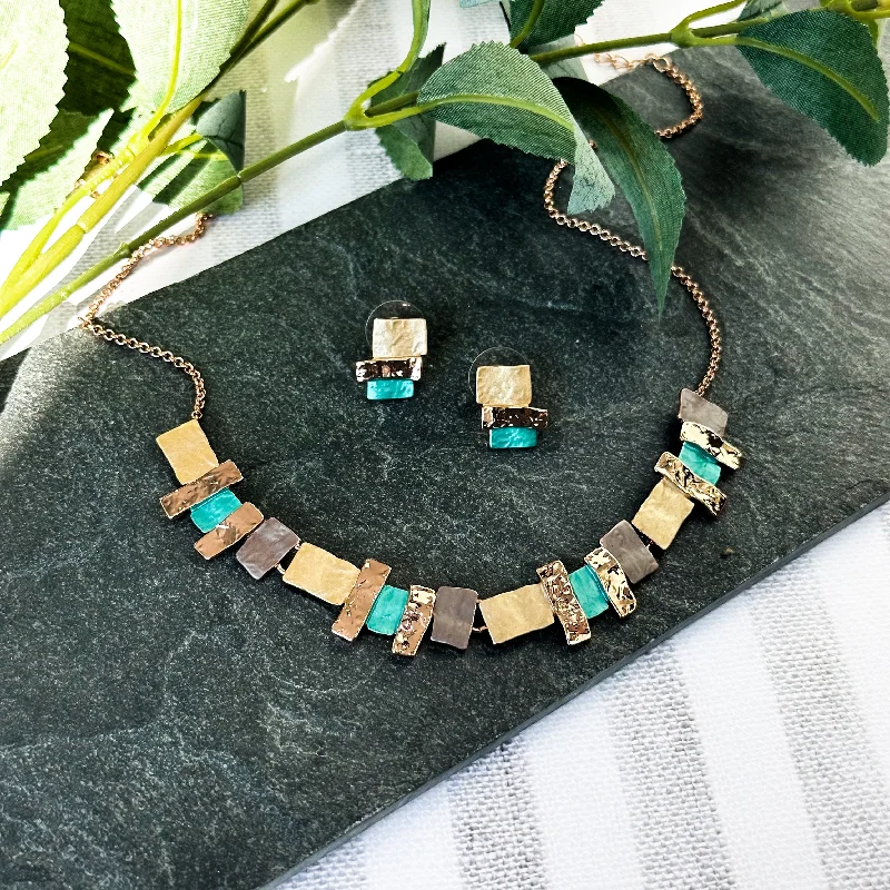 Women’s crystal earrings-Boho Style Geometric Squares Necklace & Earrings Set