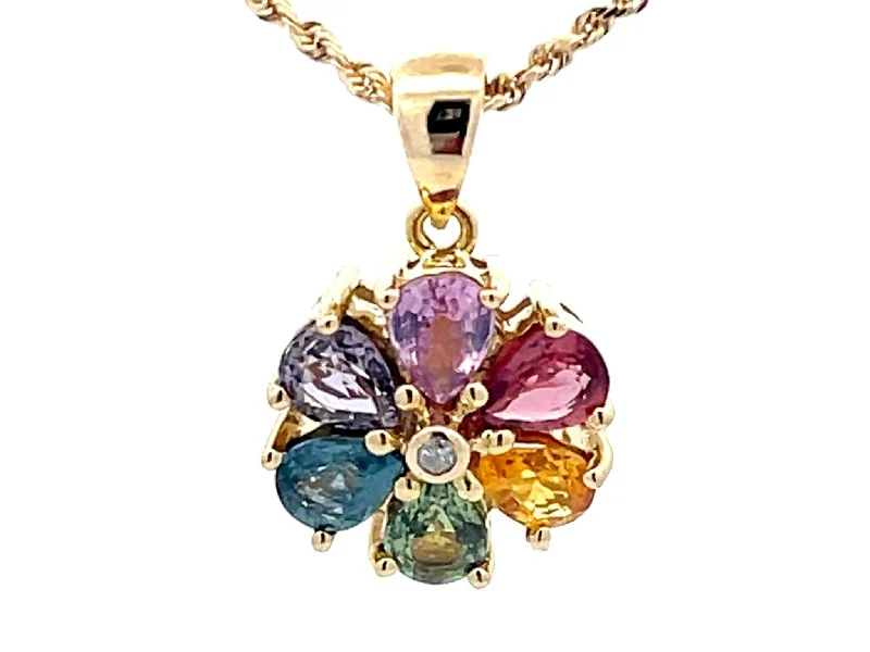 Women’s solitaire pendant necklace-Multi Colored Sapphire and Diamond Flower Pendant and Rope Chain in 14k Gold