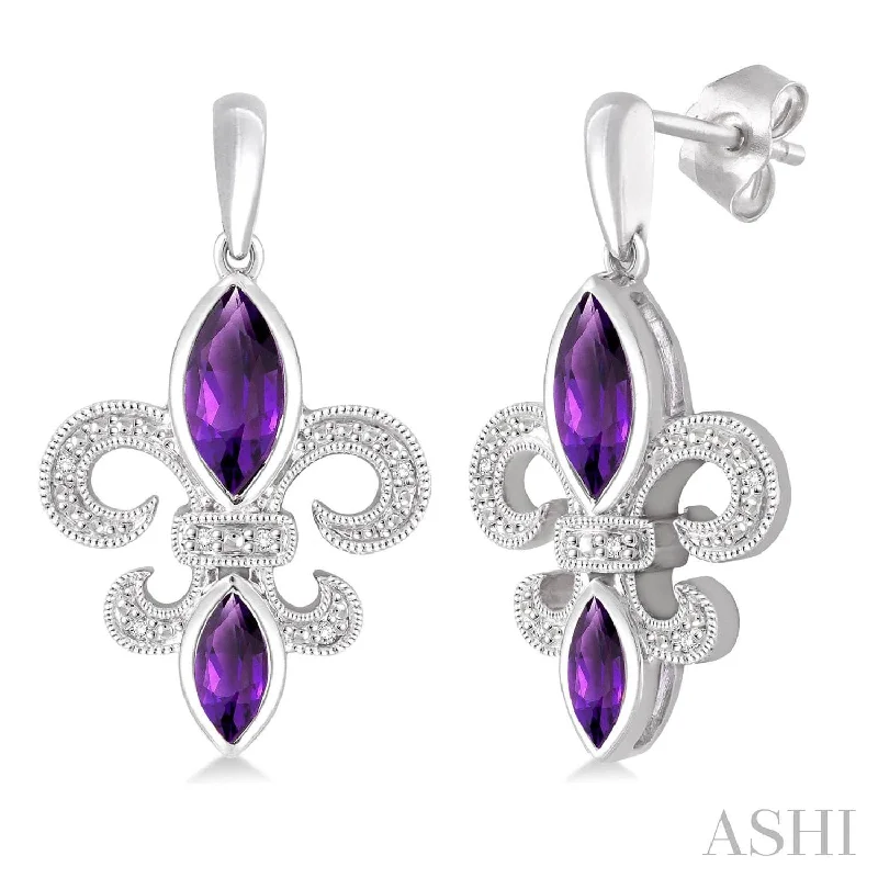 Women’s silver hoop earrings-Silver Fleur De Lis Amethyst & Diamond Earrings