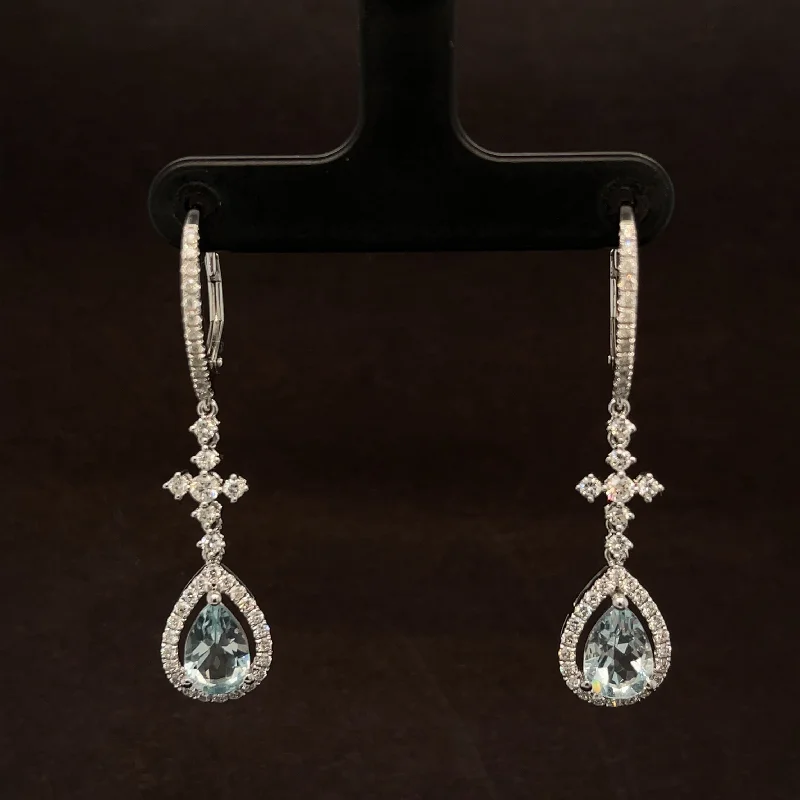 Women’s layered earrings-Aquamarine & Diamond Cross Dangle Latch Back Earrings in 18k White Gold - #504 - ERAQU006288