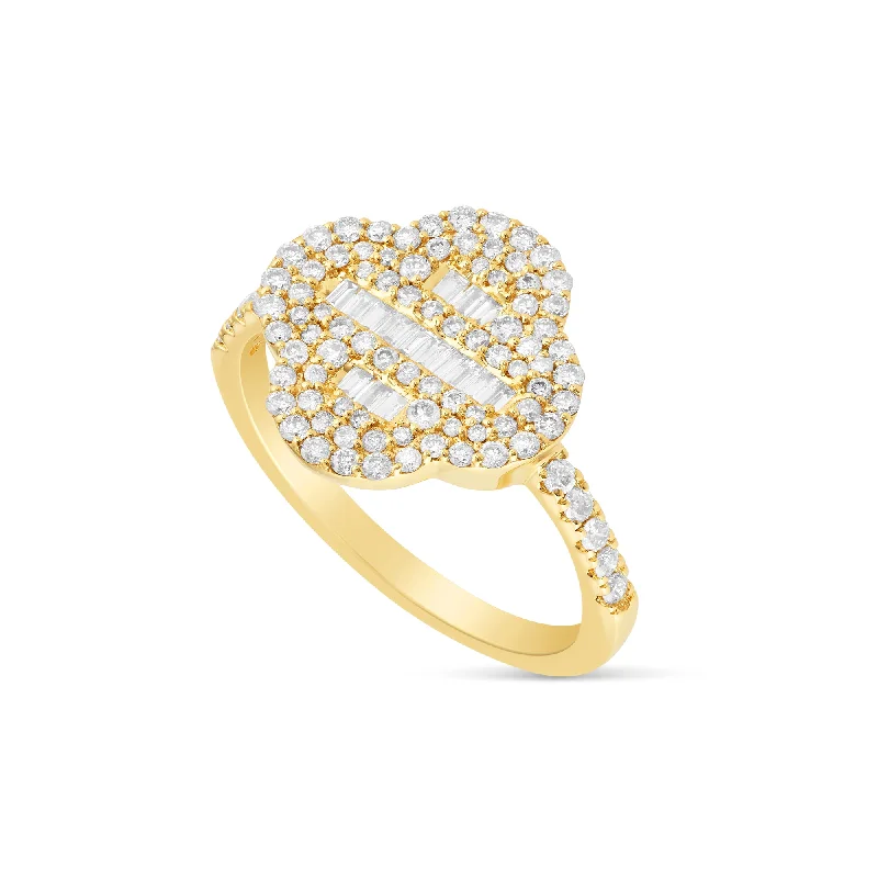 Women’s eternity engagement ring-10k Yellow Gold Round and Baguette Diamond Clover Ring