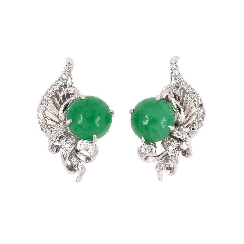 Women’s diamond earrings-Green Jadeite & Diamond Scroll Clef Earrings