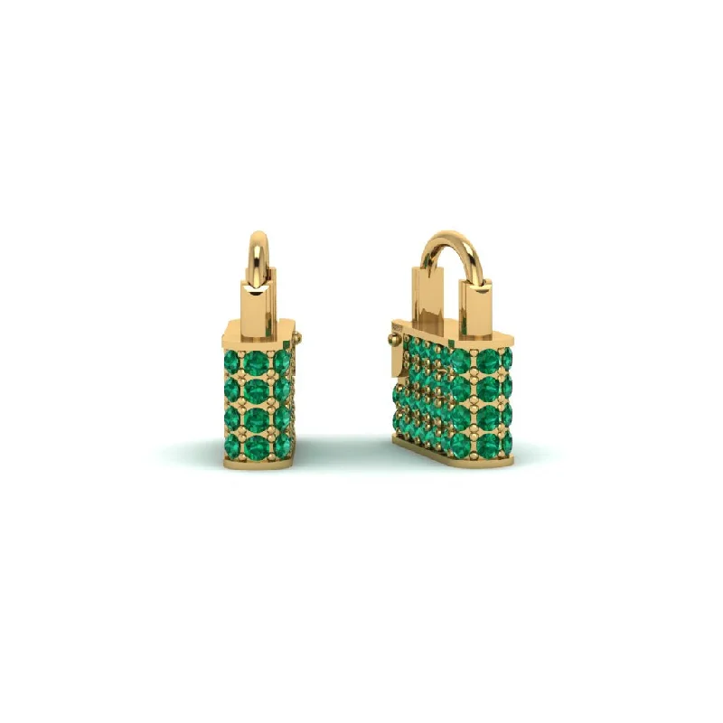 Women’s red gemstone earrings-Gold Padlock Hoop Emerald Earrings - Queenie No. 4