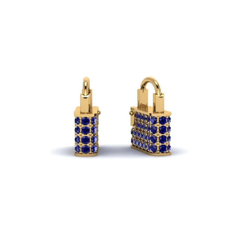 Women’s pearl stud earrings-Gold Padlock Hoop Sapphire Earrings - Queenie No. 13