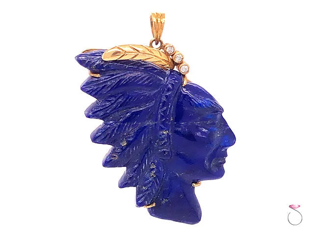 Women’s stylish necklace-Vintage Carved Lapis Lazuli Indian Head and Diamond Pendant