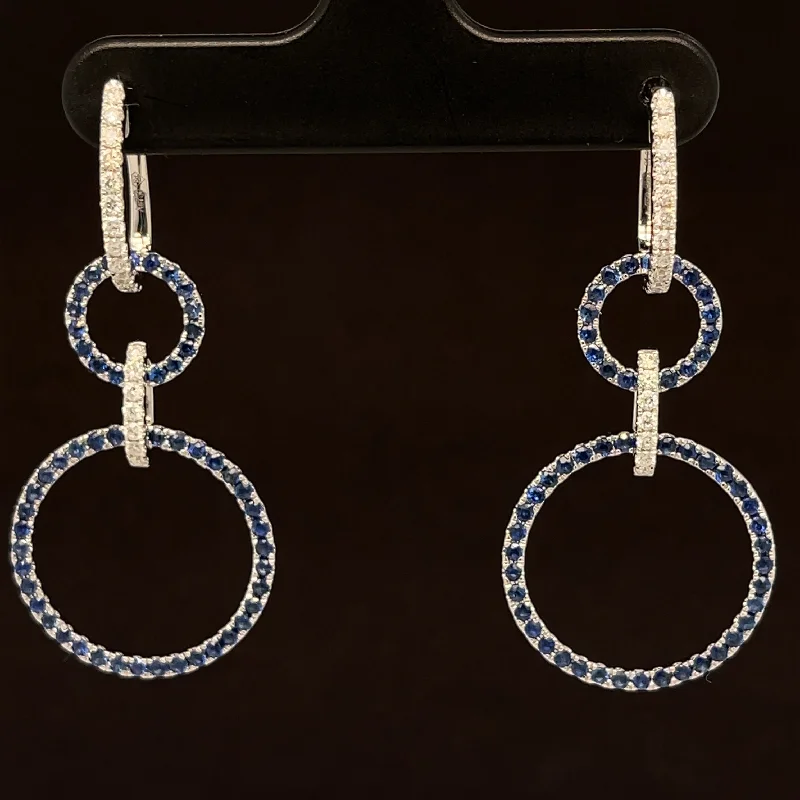 Women’s gold drop earrings-Blue Sapphire & Diamond 1.69ctw Double Circle Drop Earrings in 18k White Gold - #387 - ERSAP093902